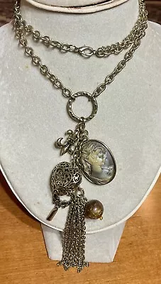 Vintage Cameo Charm Statement Necklace Heart Key Fleur De Lis Ball XL 26” Tassel • $10