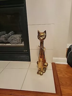 Vintage Mid Century Modern Solid Brass LARGE Cat With Bowtie 24   • $310