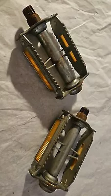 Vintage Bicycle Pedals Silver Metal With Reflectors Spikes • $15