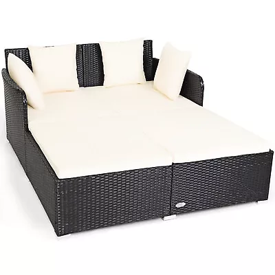 Patiojoy Outdoor Patio Rattan Daybed Pillows Cushioned Sofa Furniture Beige • $219.99