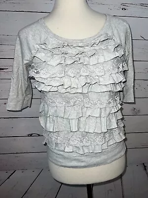 Hollister Henley Shirt Layered Ruffle Front Small Gray Lace Womens Blouse • £9.42