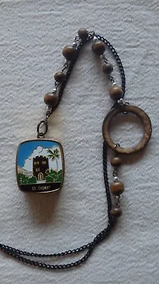 Vintage 1970's Music Box Necklace St. Thomas With Wooden Beads Working Rare! • $45