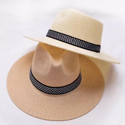 Summer Men Women Straw Jazz Fedora Hat Trilby Cuban Sun Cap Panama Short Brim ♡ • $5.59