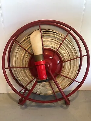 VINTAGE Fire Hose 100' With Reel And Hose Attachment - Approx 23  Height Total • $249.94