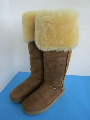   Ugg Over The Knee Bailey Button Bomber Jacket Chestnut Boots Sz 6 • $369