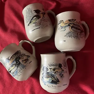 Set Of 4 Vintage Speckled Stoneware Coffee Cups Featuring Four Types Of Ducks • $15