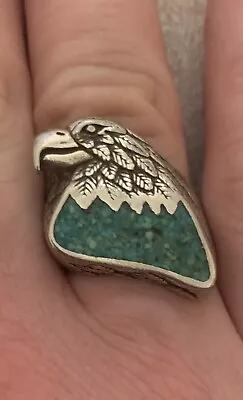 Vintage G&S '87 Eagle Head Biker Ring Crushed Turquoise Inlay Size 10 • $15