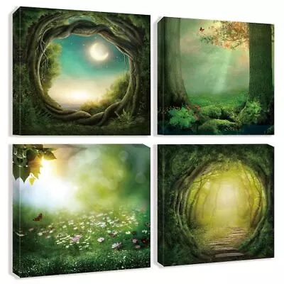 Green Forest Wall Art Prints Funny Fantasy Art Canvas Paintings 4 Pieces Natu... • $78.69