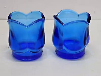 Pair Of Blue Glass Tulip Shape Scalloped Rim Votive Candle Holders    **** • $6.95