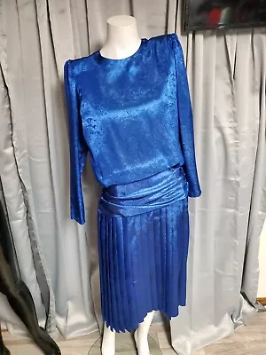 M Shiny Damask Vtg Electric Blue Golden Girls Style 80s Blouson Ruching • $12.99