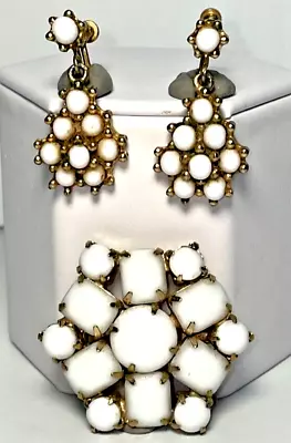 Brooch & Earrings Set Milk Glass Gold Tone Drop Dangle Screw Back Vintage Pin • $19.99