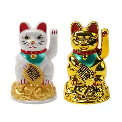 Chinese Lucky Cat Waving Arm Good Luck 4.5  Feng Shui Japanese Maneki Neko Gold • £10.79