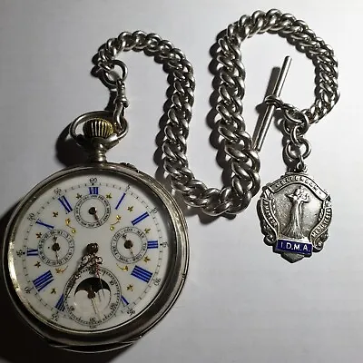 Rare Antique Silver Pocket Watch. Calendar. Moon Phases. 62 Mm. • $950