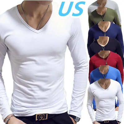 US Men Long Sleeve V Neck Slim Fit T-shirt Casual Stretch Muscle Tops Undershirt • $11.95