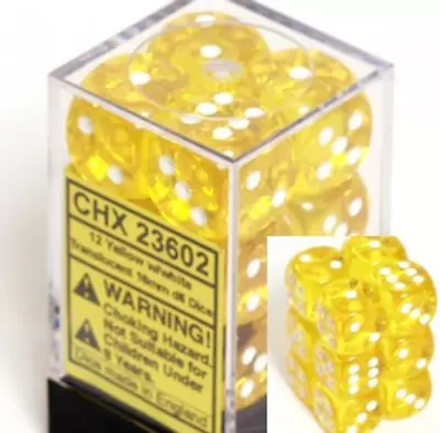 Chessex Dice D6 Sets: Yellow With White Translucent - 16mm Six Sided Die (12) Bl • $18.38