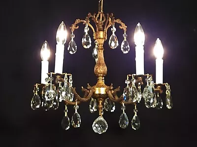 Antique French 5 Arm 5 Lite Bronze Dark Patina ROCOCO Lead Crystal Chandelier • $550