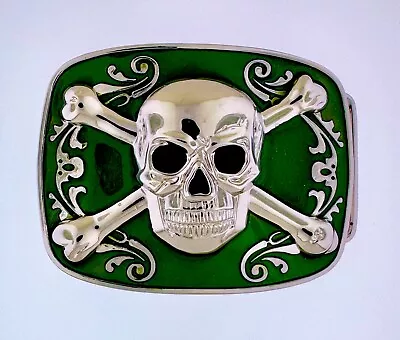 Skull And Bones Green Death Belt Buckle | American Western Silver Vintage Buckle • $8.99