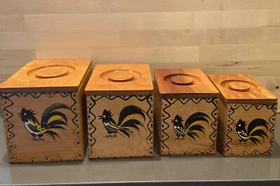 $19 • Buy Vintage Wooden Hand Paint Rooster Nesting Canister Set Of 4 W/ Lids. Japan