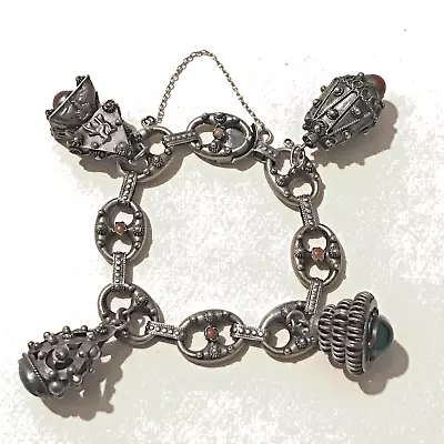 Antique 800 Silver Etruscan Revival 4 Charm Bracelet W/ Gemstones  8  • $125