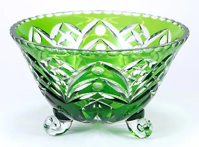 Bohemian Green Cut To Clear Crystal Footed Bowl • $85
