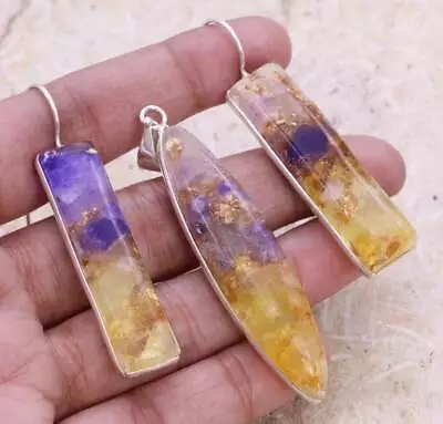 Amethyst & Citrine 925 Silver Plated Handmade Pendant & Earrings Set 2.6  Ethnic • $3.99