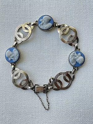 Vintage Sterling Silver 14k Gold  Symmetalic Blue Jasper Cameo Bracelet • $35