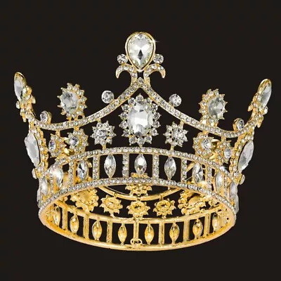 7.8cm High Crystal Tiara Crown Wedding Bridal Queen Princess Prom Gold Hair Band • £3.59