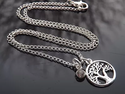 £2.99 • Buy Silver Plated Clear Rhinestone April Birthstone Necklace & Tree Of Life Pendant