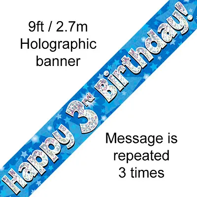 AGE 3 HAPPY BIRTHDAY PARTY BANNER - HOLOGRAPHIC  3rd BLUE BOY - FAST DISPATCH • £2.29