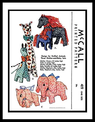 McCall #419 Horse Giraffe Elephant Sewing Pattern Stuffed Animal Mother Daughter • $10.99