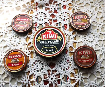 5 Vintage KIWI Shoe Boot Polish Tins Black Brown Tan Cordovan Partial To EMPTY • $14