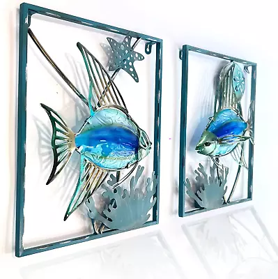 2Pcs Metal Fish Wall Decor W/Frame LED Lights Fish Hanging Wall Sculpture Art  • $56.89