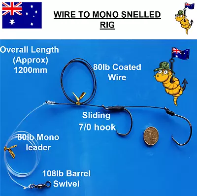 80lb Wire To Mono Sliding Snelled Double Hook Rig 2 X Octopus Circle 7/0 Hooks • $6.92