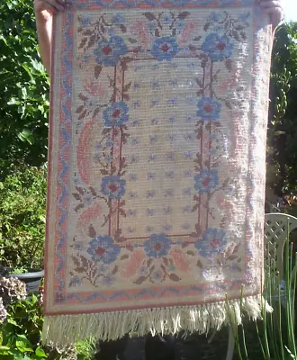 Handmade Needlepoint Vintage Wool Rug Tapestry 81cmx115cm Pink Blue -unfinished! • £75