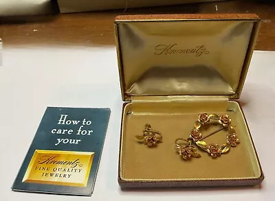 KREMENTZ Signed YELLOW & ROSE GOLD OVERLAY BROOCH & SCREW BACK EARRINGS VTG. SET • $45