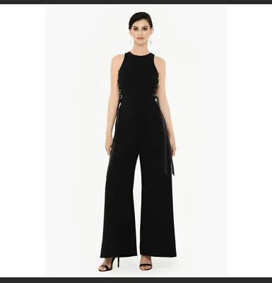 XSCAPE Women's Wide Leg Side Lace-up Black Jumpsuit Palazzo  $189 Size 4 Macy’s • $49.60