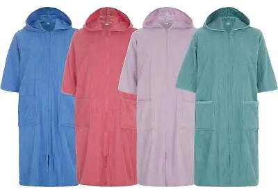 Hooded Zip Towelling Robe Ladies Terry Towel Dressing Gown 100% Cotton Bathrobe • £18.99