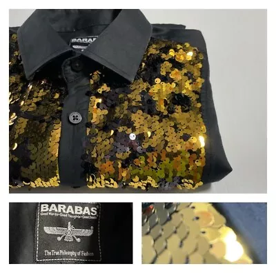 Barabas Gold Sequins Bib Front Black Shirt Shiny Bold Party Disco S • $29.95