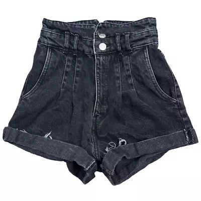 ZARA Paper Bag Jean Shorts Women's Size 0 Black High Rise Cuffed Denim • $12.23