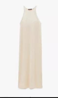 ZARA LONG HALTER NECK DRESS TRF100% COTTON  IN Light Beige SIZE L BNWT • £9.99