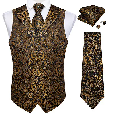 DiBanGu Black And Gold Paisley Design Dress Vest And NeckTie Hankie For Suit • $24.99