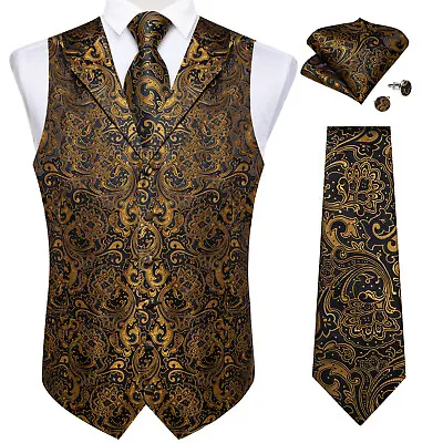 Mens Classic Black Paisley Floral Silk Vest Waistcoat Cufflink Tie Set Business • $35.70