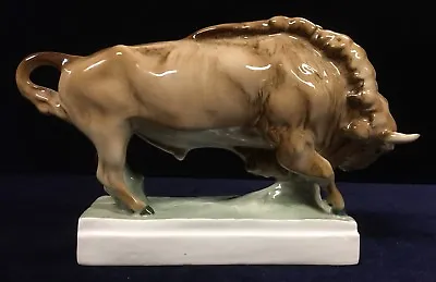 Vintage Zsolnay Pecs (Hungary) Hand Painted Porcelain Bull On A Stand  • $279.95