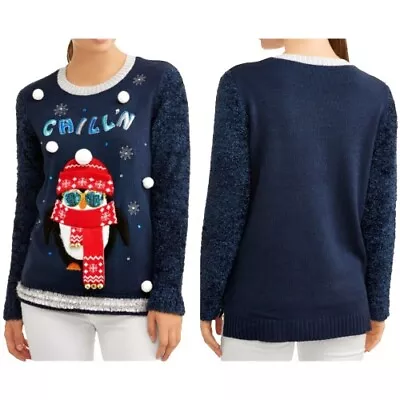 Holiday Time Plus Blue Ugly Christmas Sweater 2XL Chill'n Cool Penguin Pom-Poms • $15