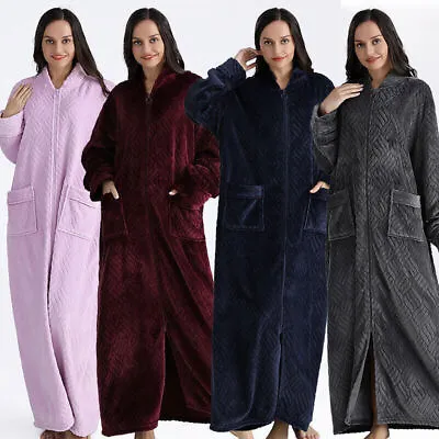 Ladies &Mens Fleece Long Dressing Gown Zip Up Bath Robe Soft Flannel Bathrobe ZX • £23.39