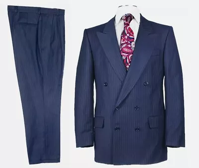 Worsted Double Breasted 40R Navy Blue Suit Pleated Pants 34x30 VTG • $195