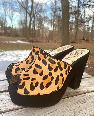 MISS L FIRE (39/8.5) “Lulabelle” Leopard Print Calf Hair Platform Slides Heels • $84.50