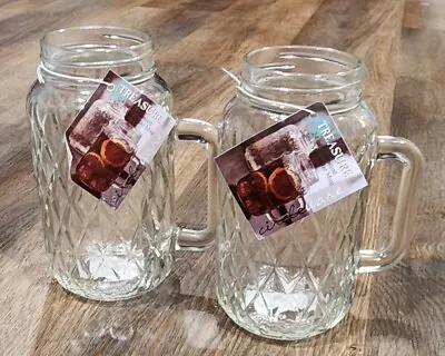 2 Diamond Embossed Mason Jar Clear Glass Mugs 24oz Treasure Circleware • $22