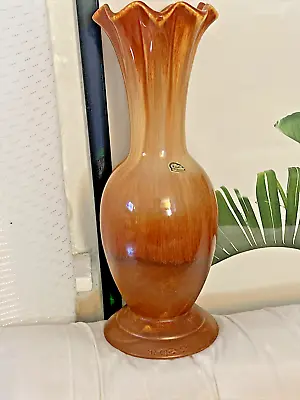 Royal Haeger Matte And Glazed Brown White MCM Vase 12  Ruffled Rim • $35