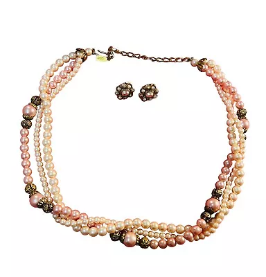 1928 “Brand” Jewelry Vintage 3 Strand Pink Faux Pearl Necklace  With Earrings • $9